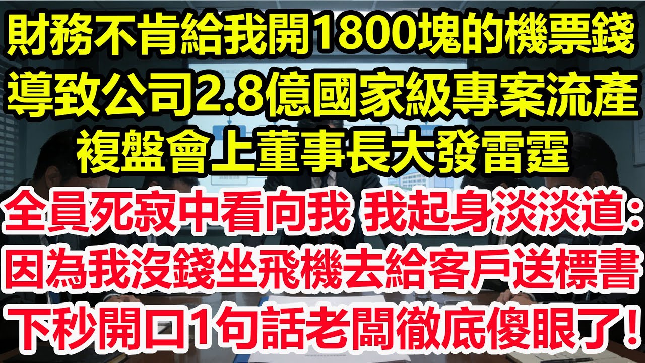 財務不肯給我開1800塊的機票錢，導致公司2.8億國家級專案流產，複盤會上董事長大發雷霆，全員死寂中看向我，我起身淡淡道：因為我沒錢坐飛機去給客戶送標書，下秒開口1句話老闆徹底傻眼了！ #職場