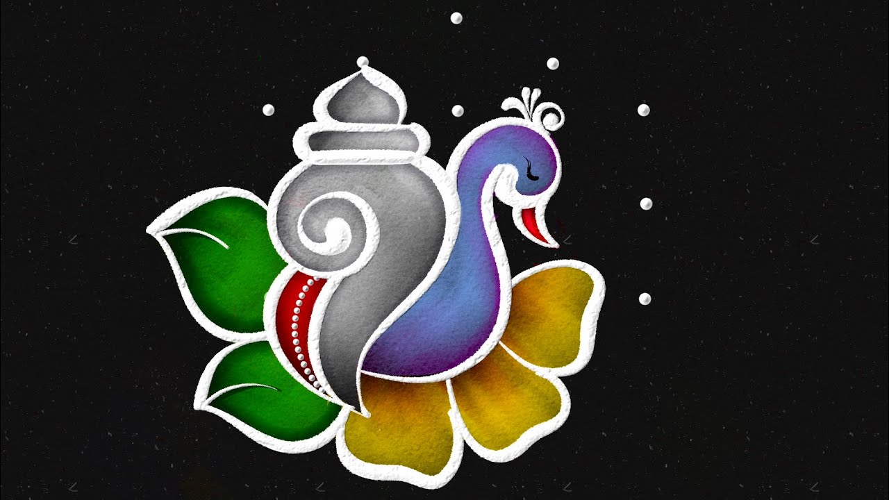 Amazing Peacock Sangu kolam🐚small flower rangoli | festival muggulu | easy rangoli  @easydotskolam