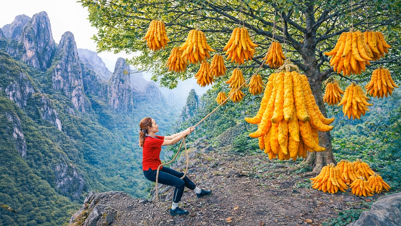 Harvesting Giant Red Buddha's Hand from Cliff, Rare Gift for Lunar New Year Decorations | Rural Life