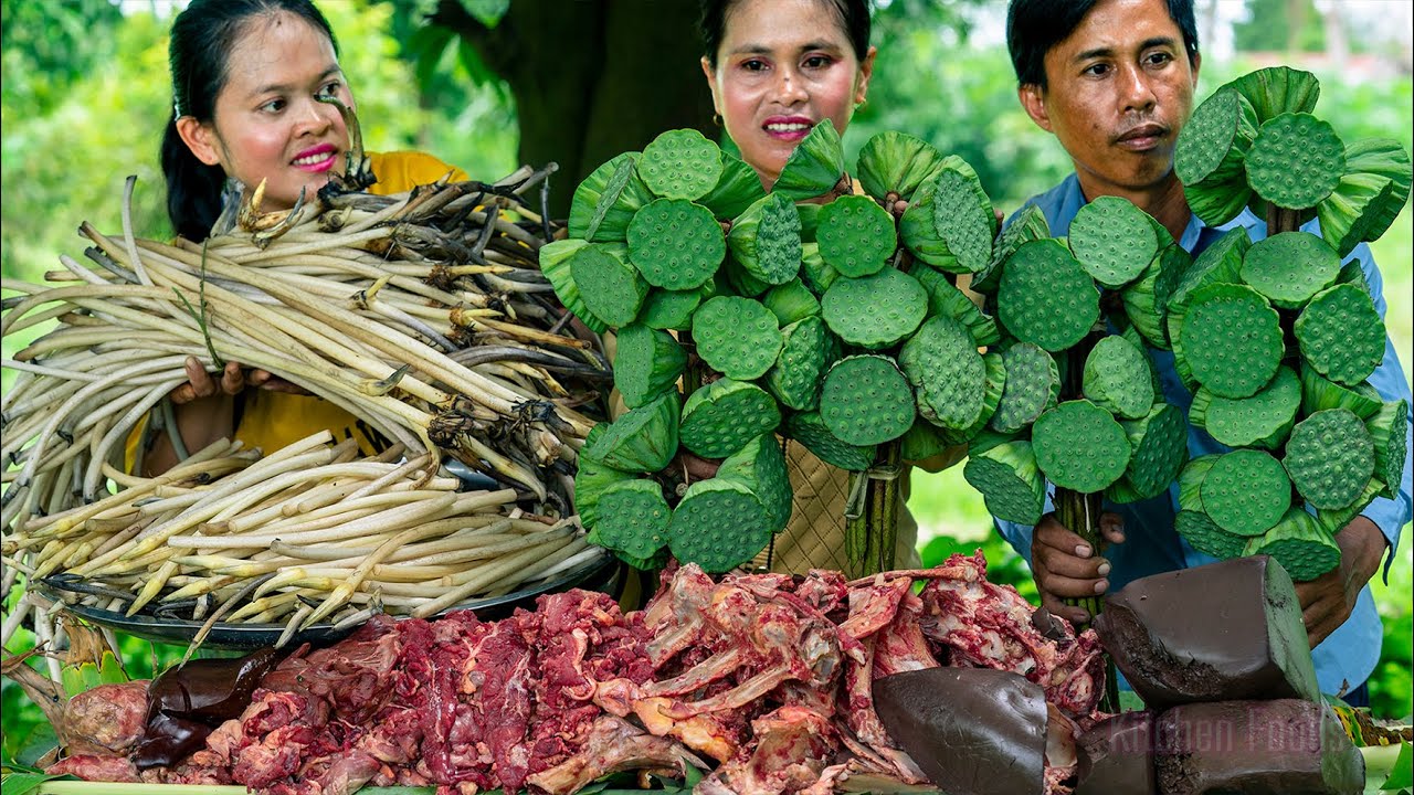 Harvesting Lotus Root and Fruit To Cooking with Cow Bone & Meat - Majou Khtis Lotus Root Recipe