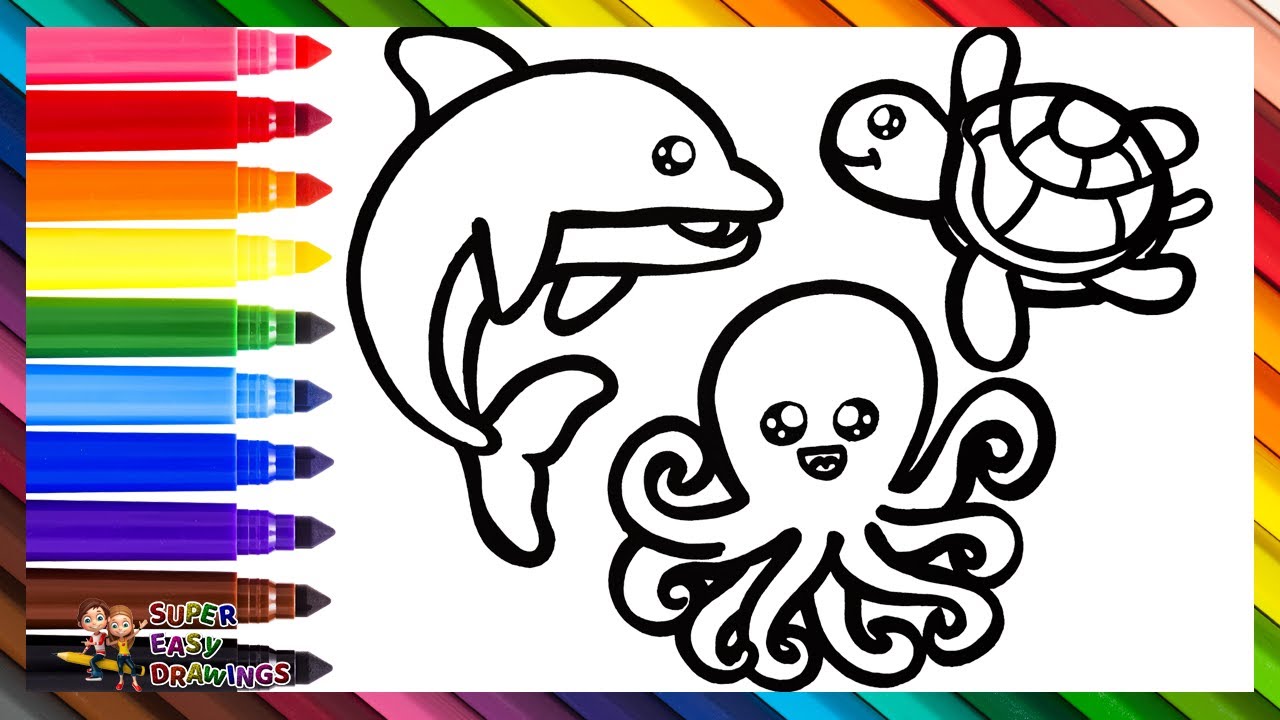 Draw and Color Marine Animals: A Dolphin, a Turtle, and an Octopus 🌊🐬🐢🐙🌈 Drawings for Kids