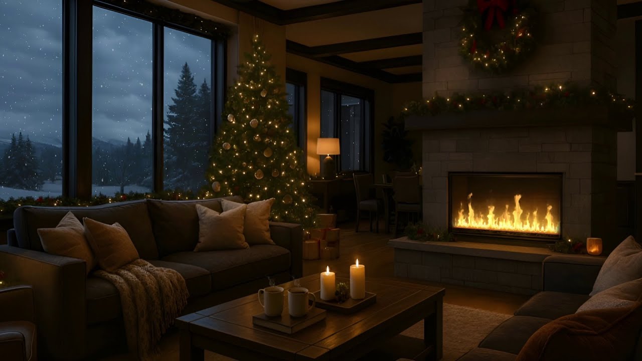 10 HOURS: Cozy Christmas Cabin Fireplace & Snowstorm | Relaxing Ambient Sounds | 4K Winter Ambiance