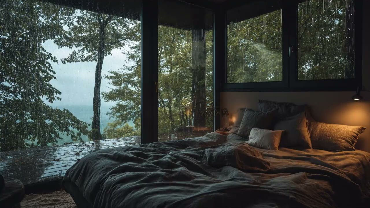 Best Heavy Rain in a Cozy Wood Cabin 🌧️ Hanging Light Ambience for Deep Sleep