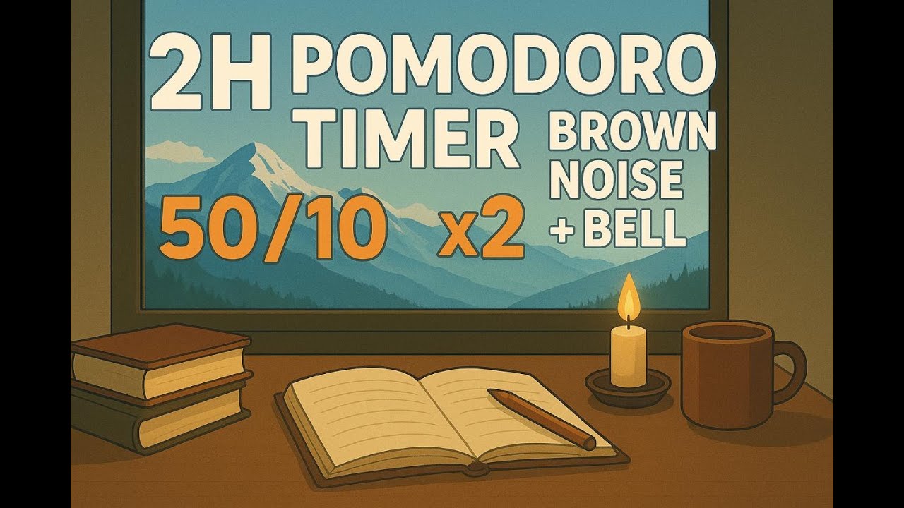 2H Pomodoro Timer ⏳ 50/10 x2 | Brown Noise | Bell at Breaks
