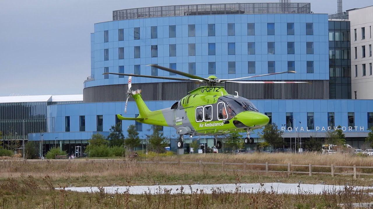 Children's Air Ambulance AW169 G-CPTZ departing from the Addenbrooke's Hospital helipad
