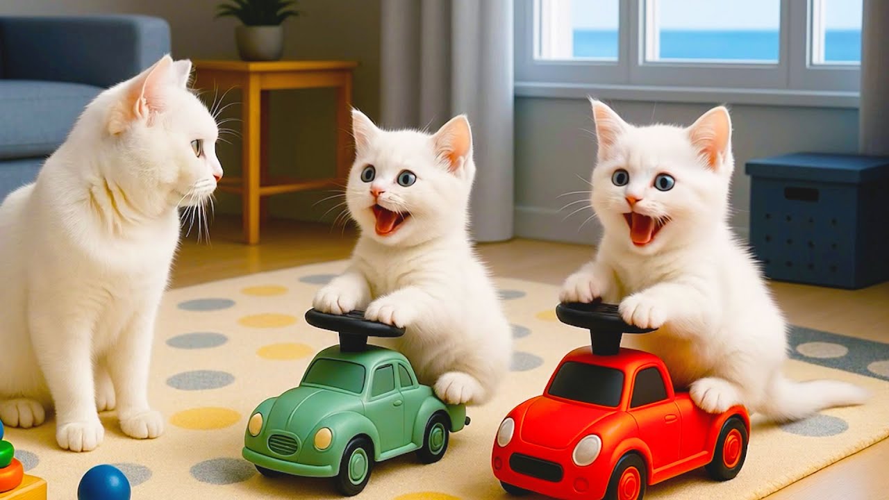 White Cat and Two Kittens Go on a Picnic, Play by the Pond, and Rest Under the Trees🐱🧺🐾🌳☀️