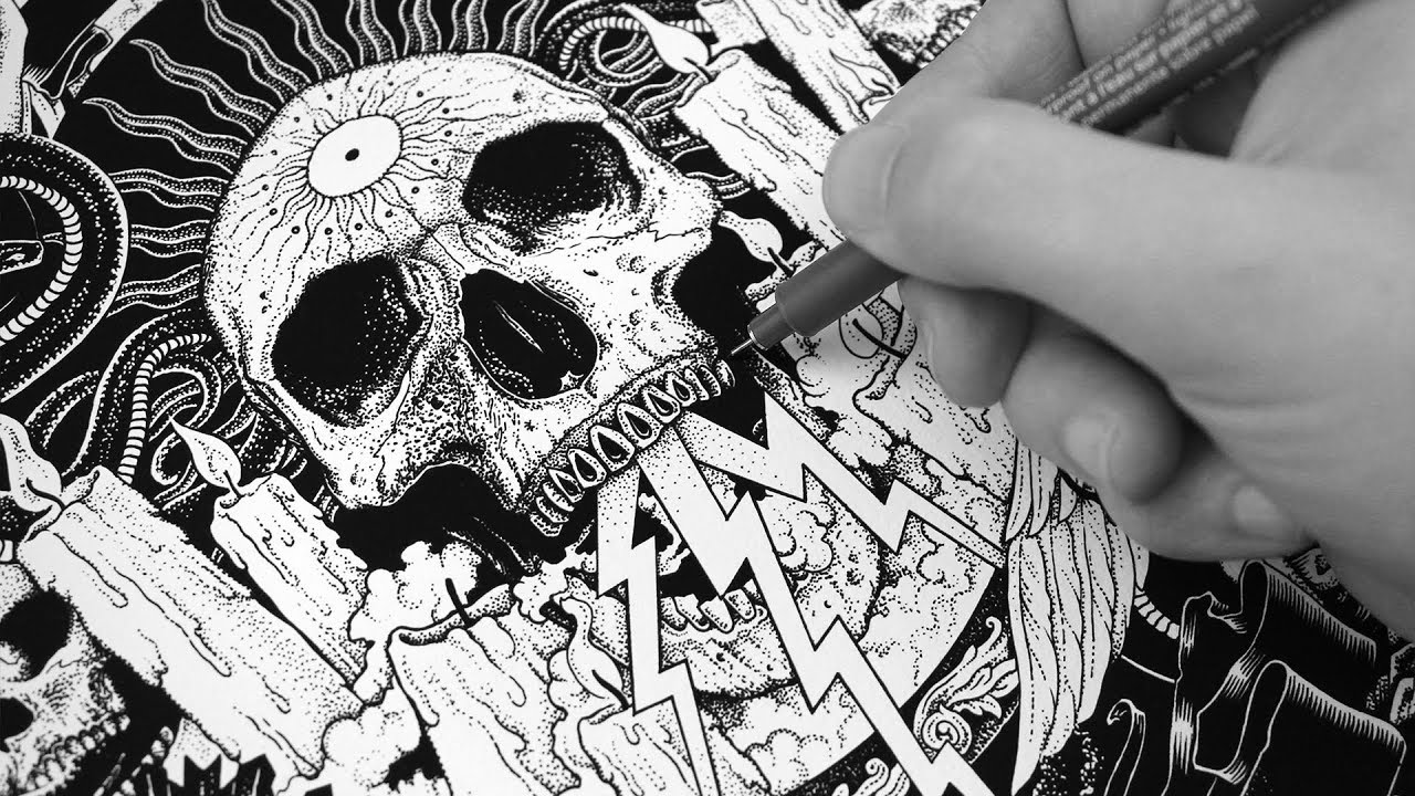 Drawing a Skull Album Cover with Ink | Time lapse | Nevercold