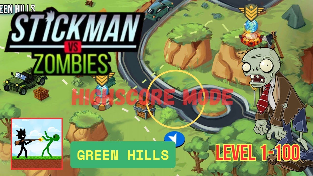 STICKMAN VS ZOMBIES: CHALLENGING GAMEPLAY AND LEVELS | GREEN HILLS (1-100+)
