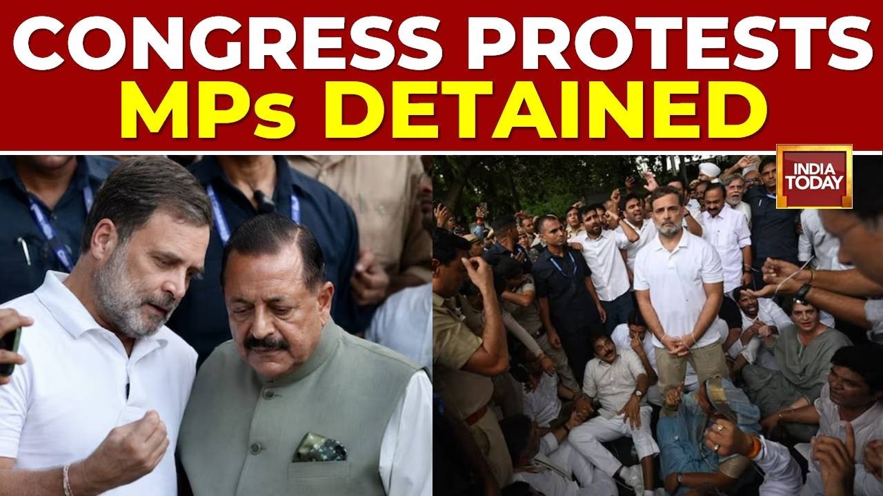 Congress Protest: Rahul Gandhi Leads Protest Near PM Residence; Seeking Debate, Pradhan's Resigna...