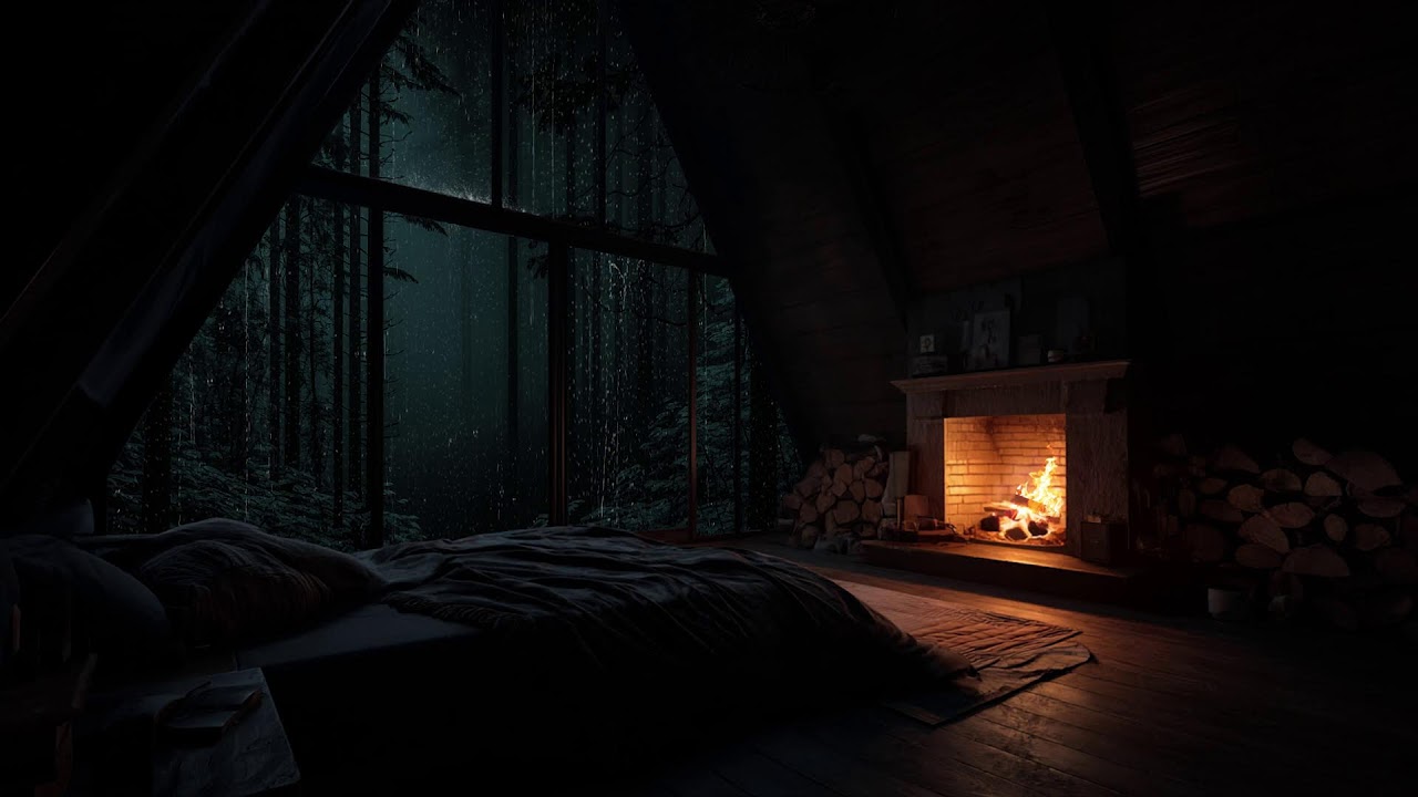 Inside a quiet forest cabin at night with endless rain and fire sounds