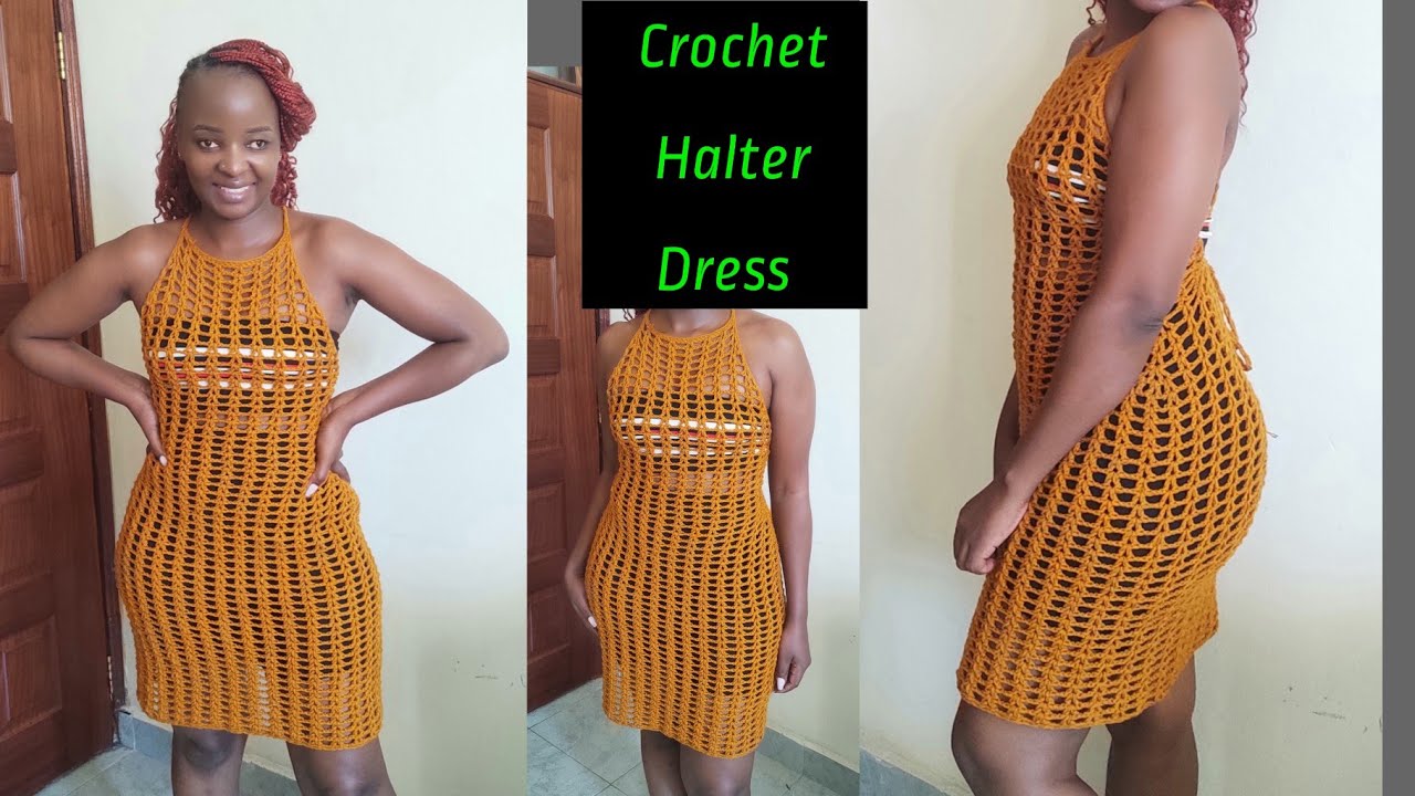 Crochet Simple V-Stitch Halter Dress//Crochet Cover up Dress
