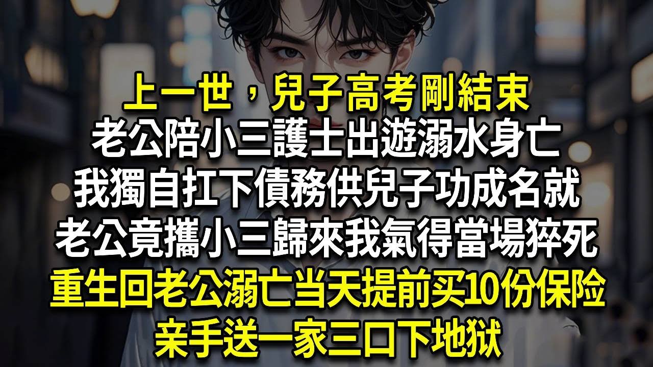 上一世，兒子高考剛結束,老公陪小三護士出遊溺水身亡,我獨自扛下債務供兒子功成名就,老公竟攜小三歸來我氣得當場猝死,重生回老公溺亡当天提前买10份保险,亲手送一家三口下地狱