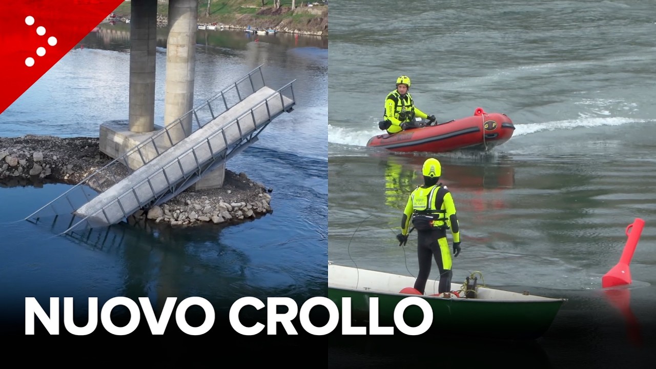 Crolla un nuovo pezzo della passerella ciclopedonale a Crotta d'Adda. Bloccato il traffico fluviale