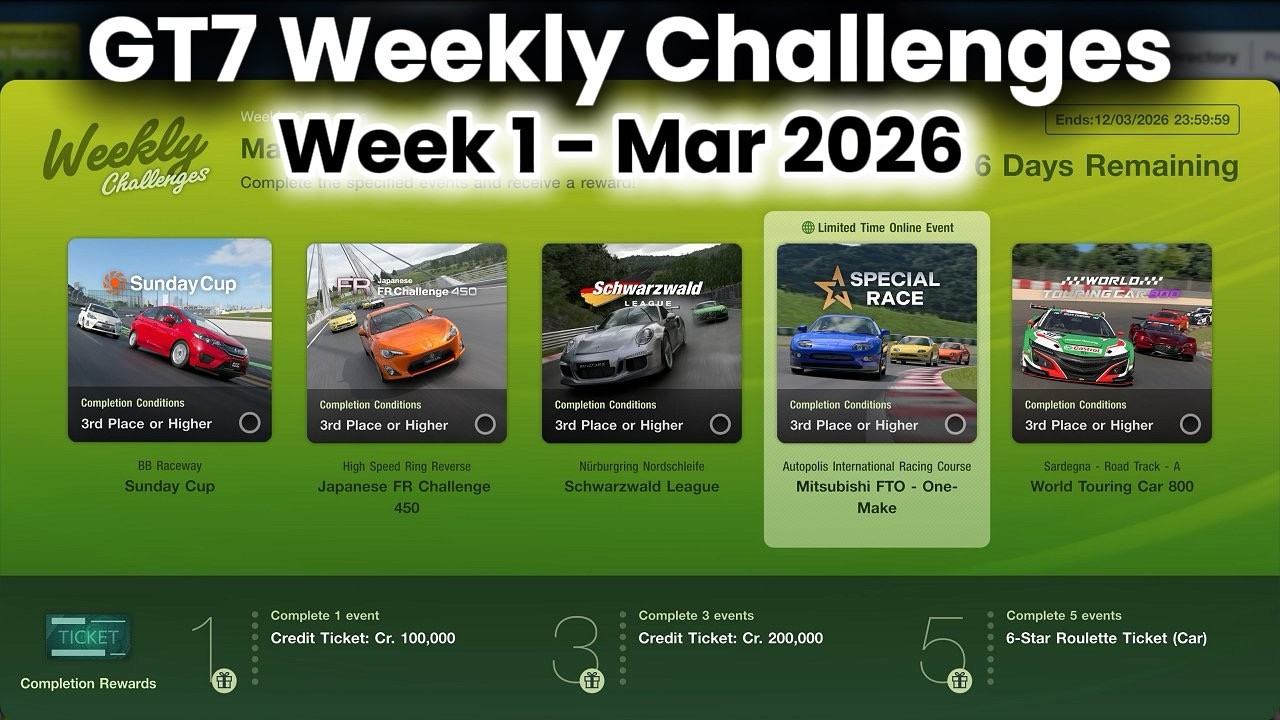 GT7 Weekly Challenges March 2026 Week 1 +Tunes/Car Setup Earn 1.2m + New Car. Gran Turismo 7 on PS5