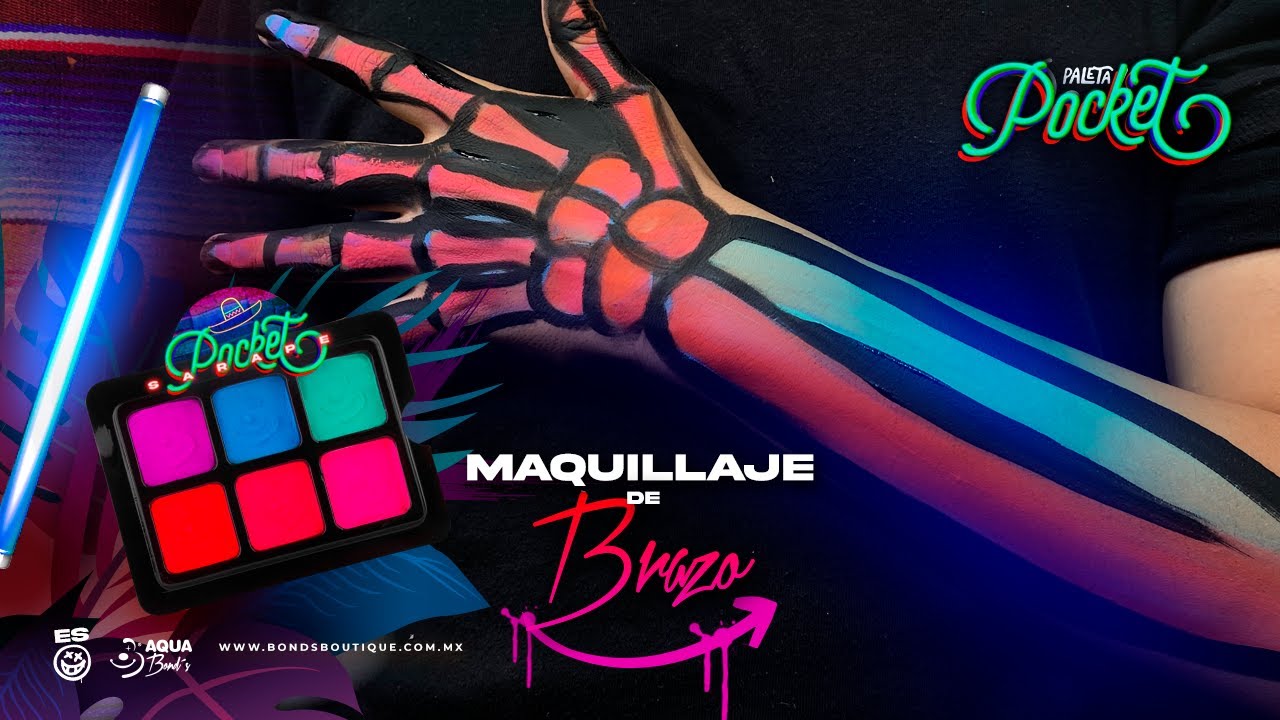 Maquillaje de Calavera para brazo 🦴🦾⎪Pocket Sarape Colores Neón 🌈⎪Maquillaje de agua 🖌