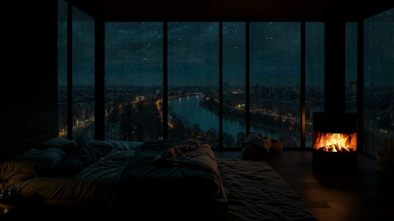 A Long Night of Gentle Rain Falling Outside with Distant Thunder | Fireplace Sounds for Deep Sleep