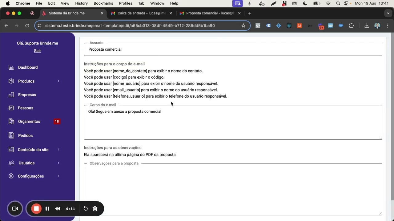 Gestão de Template de Email na Brinde.me
