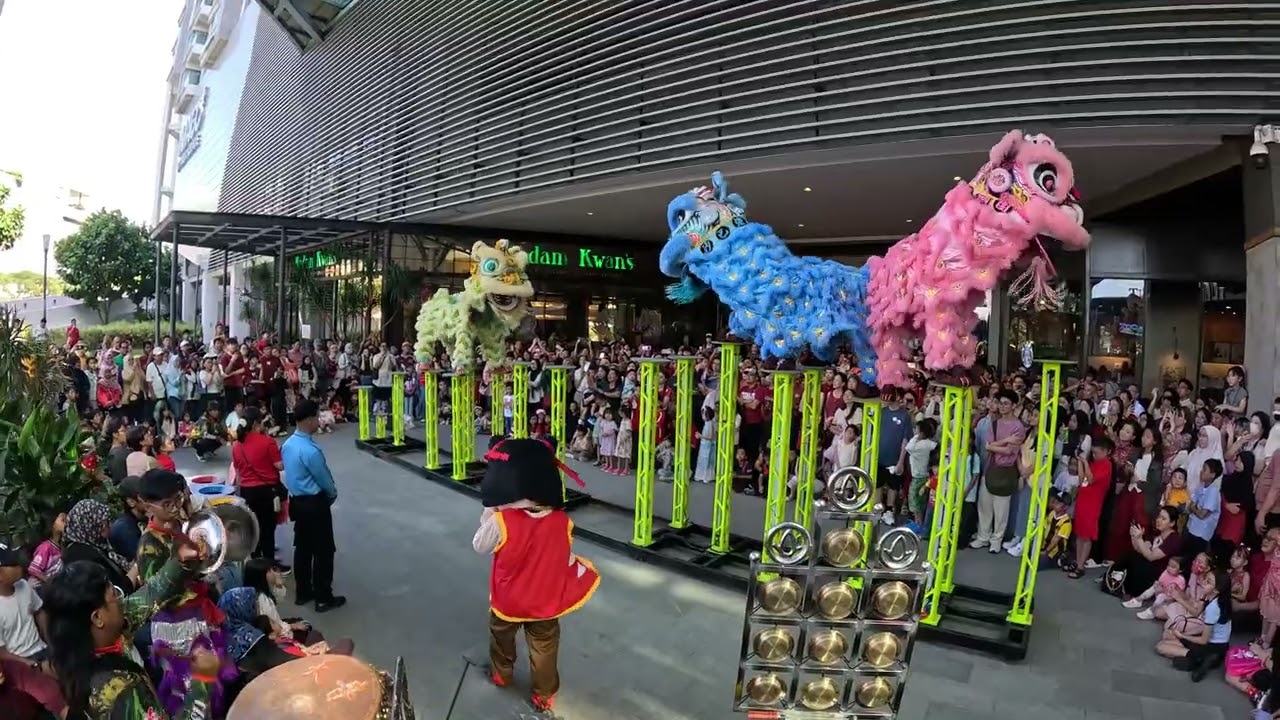 triple lion dance high pole performance at imago shopping mall