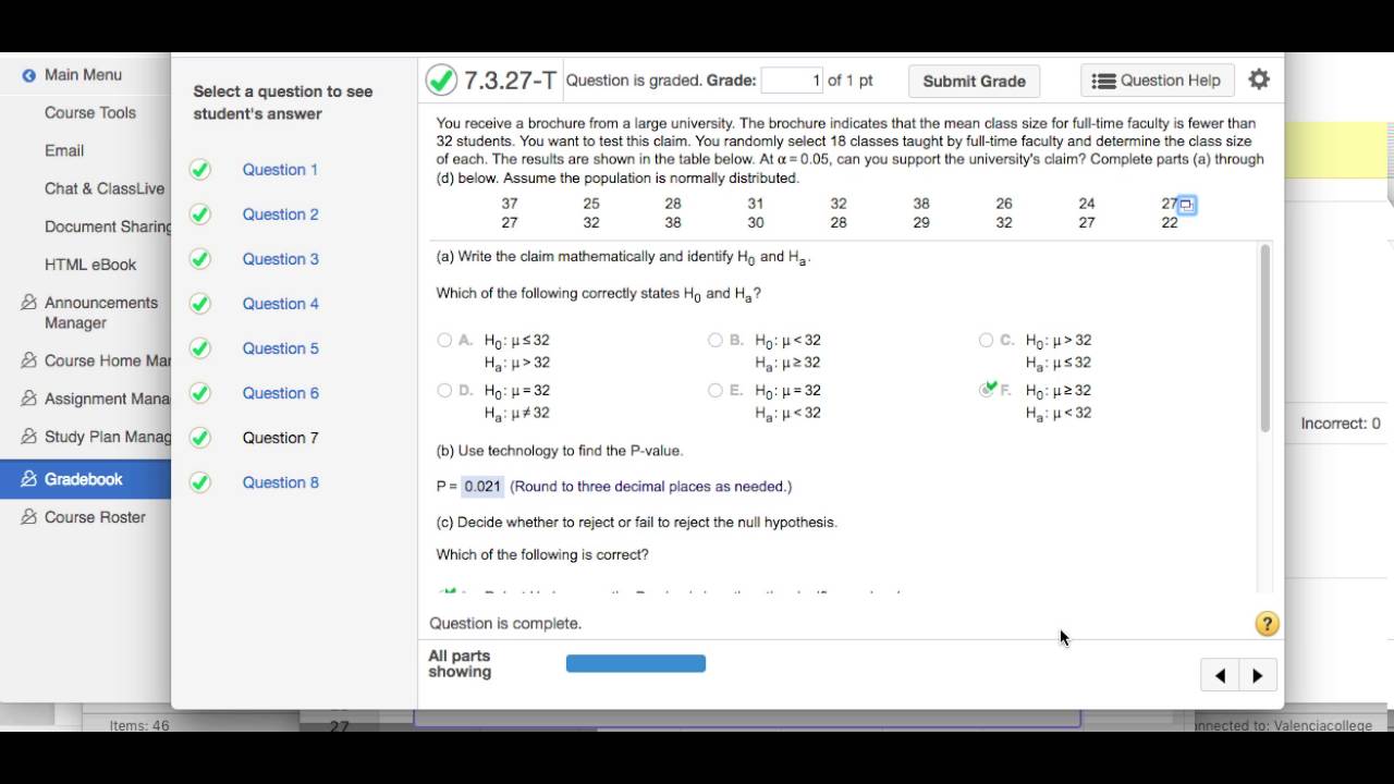 Statistics T test With Data Using StatCrunch