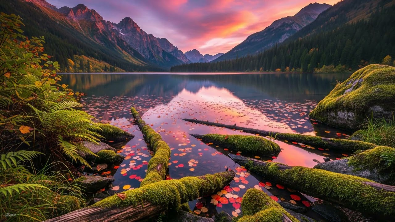 Autumn's Embrace: A Tranquil Alpine Lake Under Sunset Glow
