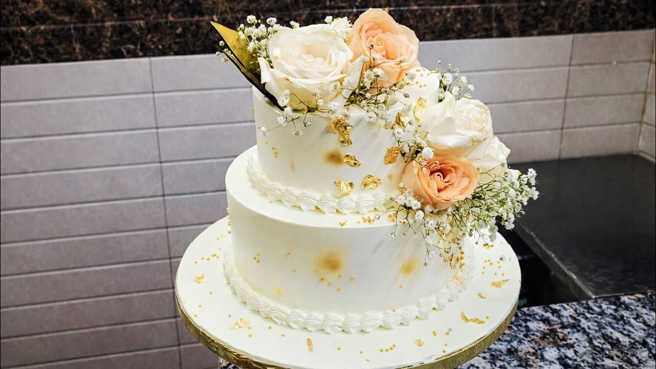 Elegant Floral Wedding Cake Design | Two Tier White & Gold cake 🎂