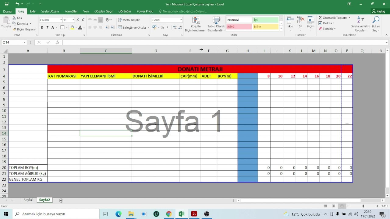 EXCEL-  KOLON DONATI METRAJININ HAZIRLANMASI