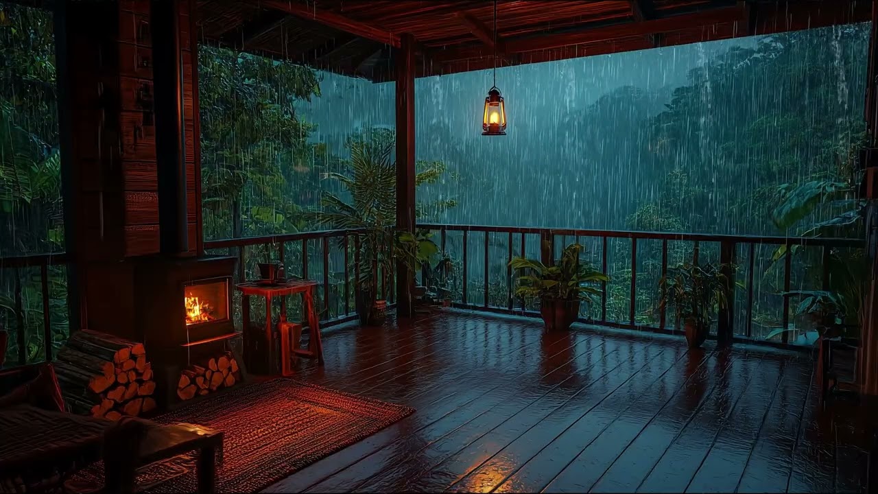 Stormy Night on Forest Porch | Heavy Rain, Fireplace & Thunder Sounds for Sleep