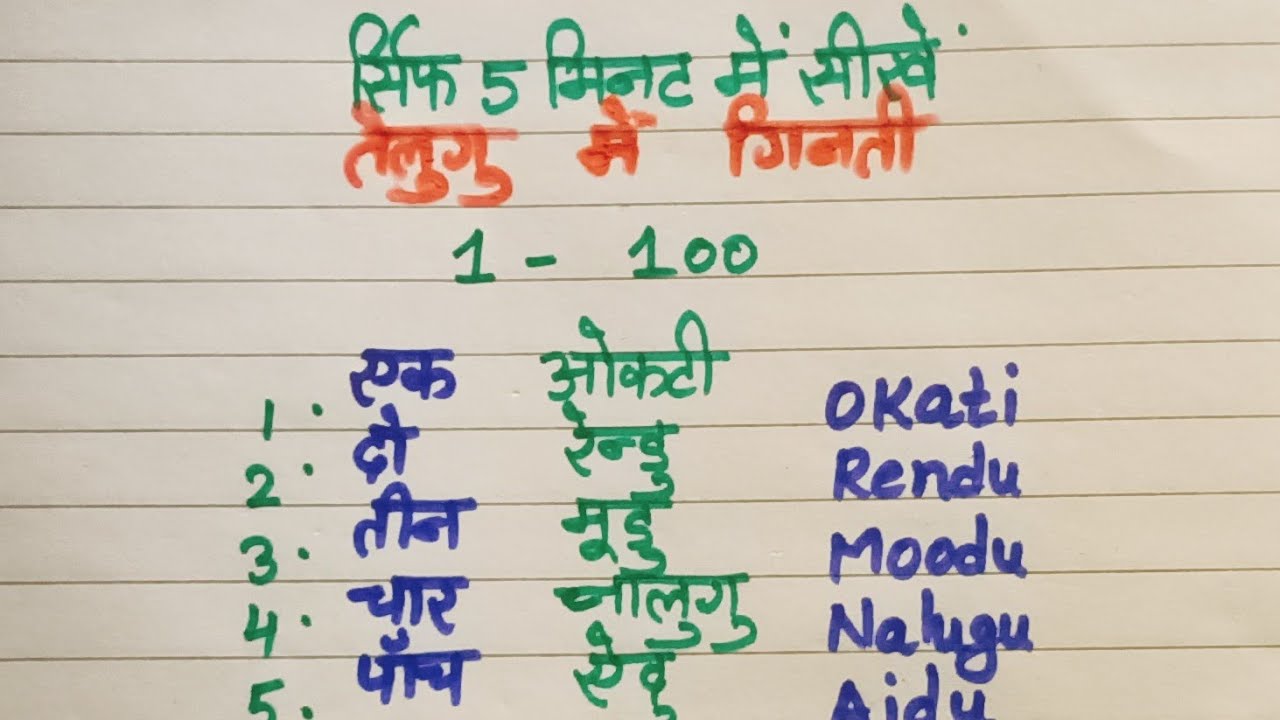 1 से 100 तक गिनती तेलुगु में  Telugu numbers 1 to 100 in Hindi and English/ How to Learn Telugu no