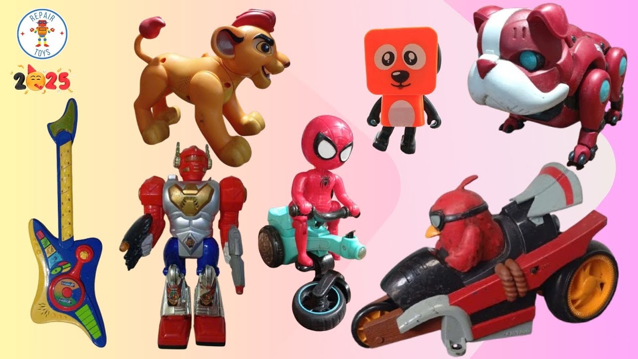 Toy repair angry bird, bluetooth speaker, lion king, spiderman, guitar, robot dog, fighting robot