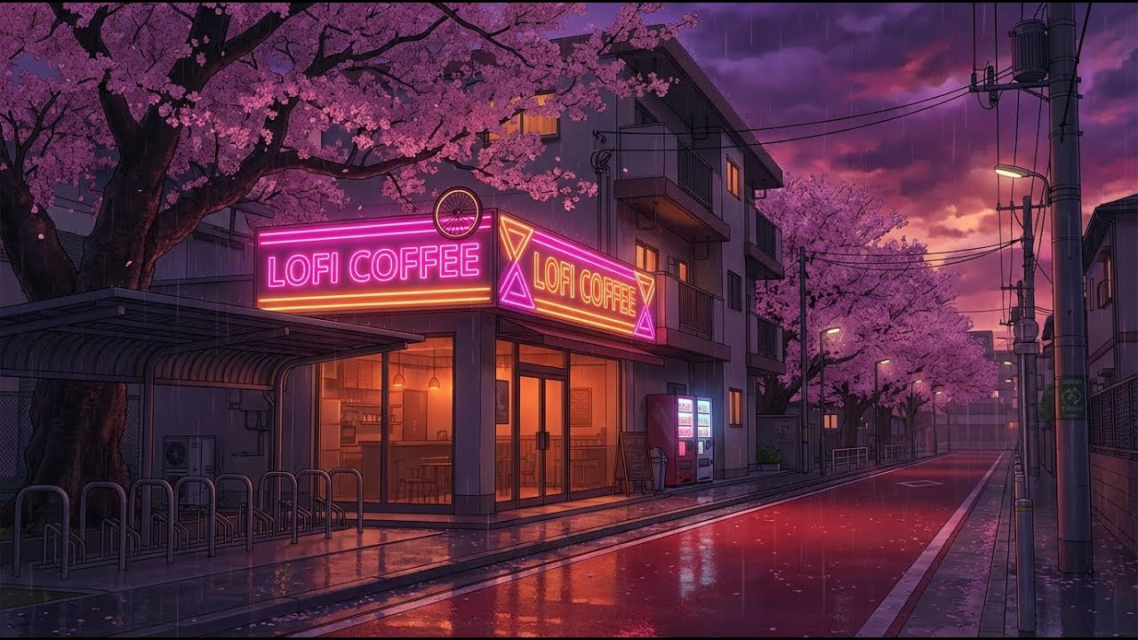 📚 Focused Valentine Study Session 🌧️ Neon Sakura Bike Lane Coffee Evening ☕ Lofi Rain Playlist💗