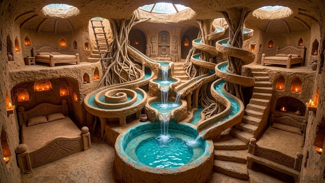 Building a Luxury Cave Resort with Spiral Slide, River Pool, Hanging Garden Terrace & Clay Interior