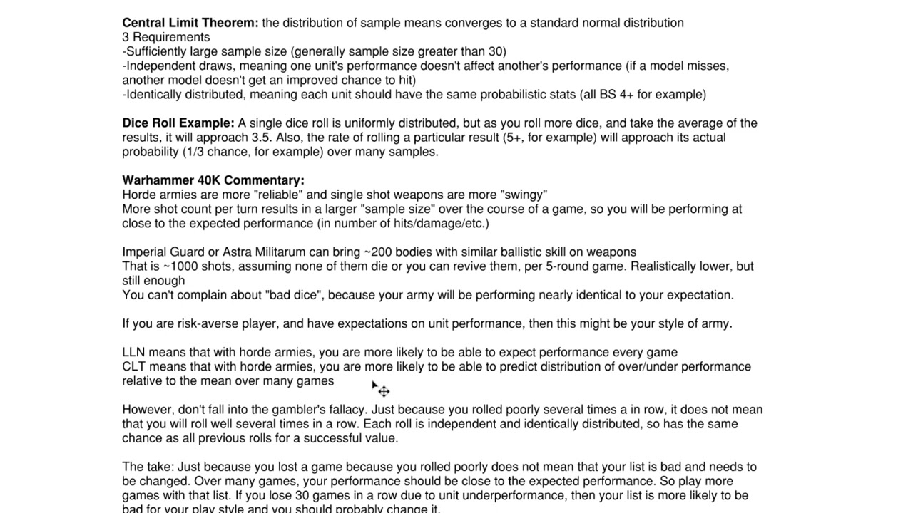 Horde Armies or Elite Armies in Warhammer 40K? Law of Large Numbers and Central Limit Theorem