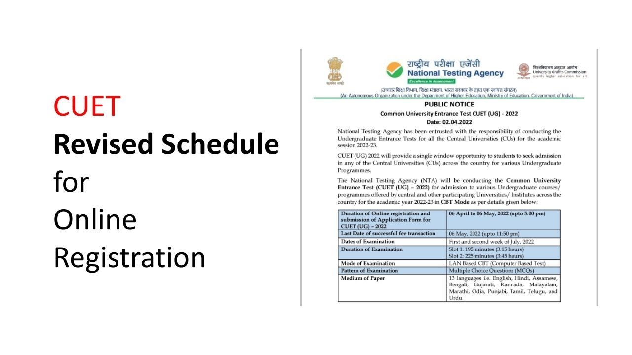 CUET Registration Revised Schedule | Admission 2022-23