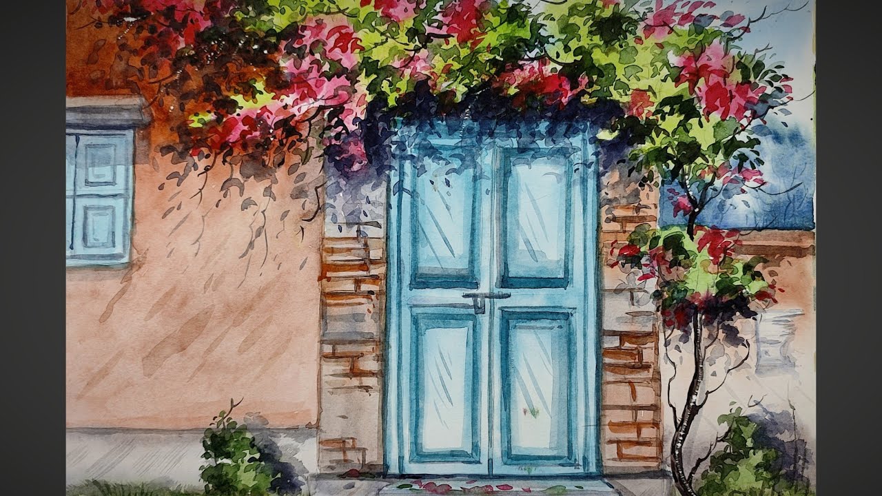 Watercolor painting for beginners / beautiful flower tree and simple door in watercolor #watercolor.