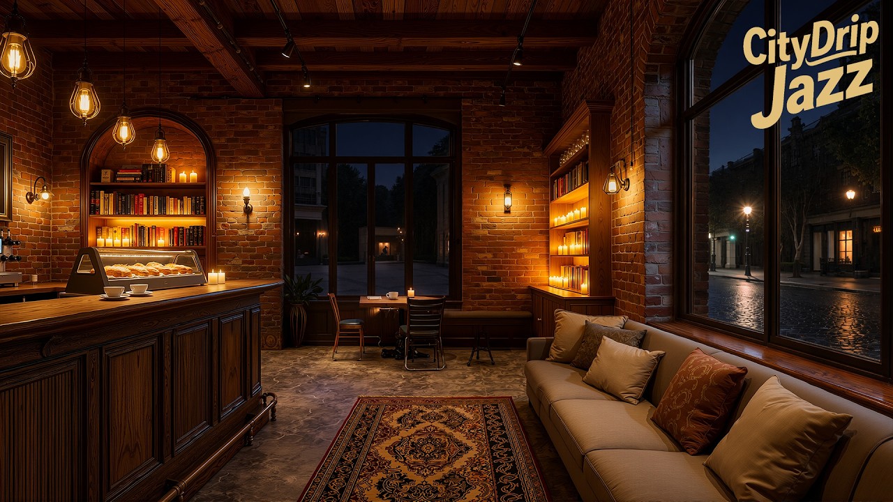 Rain Sounds & Smooth Jazz ☔ Cozy Night Coffee Shop Ambience for Relaxing & Study | 4K Jazz