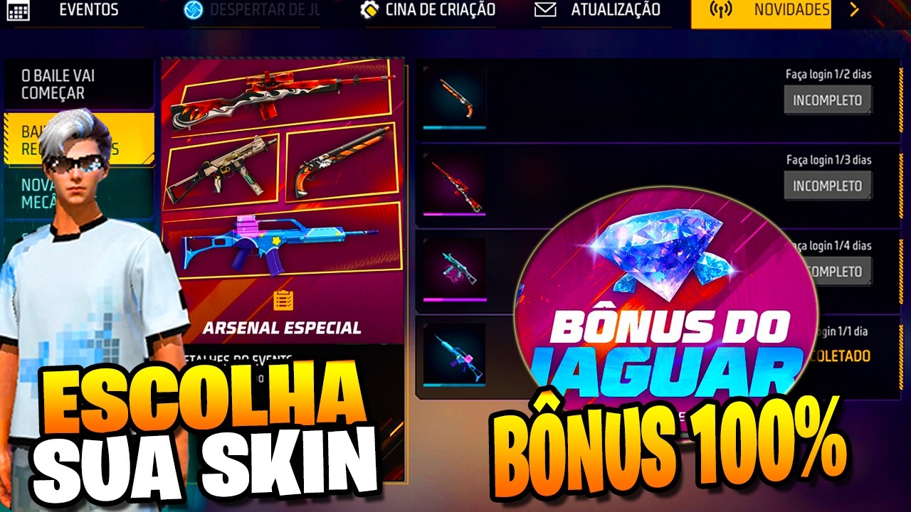 NÃO PERCA! 4 SKIN ATRIBUTADA, BÔNUS 100%, NOVO PUNHO, CALENDARIO SEMANAL, NOVIDADES FREE FIRE
