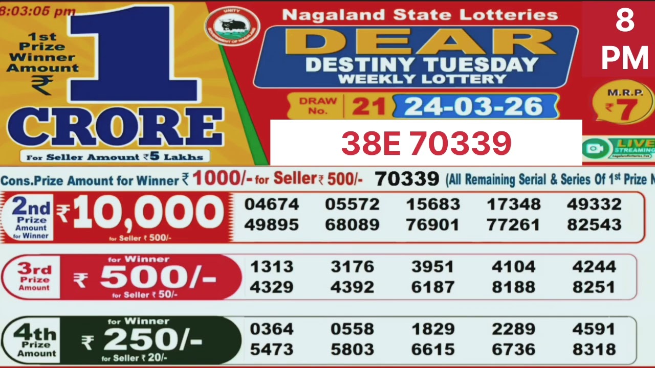 Destiny Tuesday weekly lottery result today 8 pm - 24/03/2026 - nagaland state lotteries.