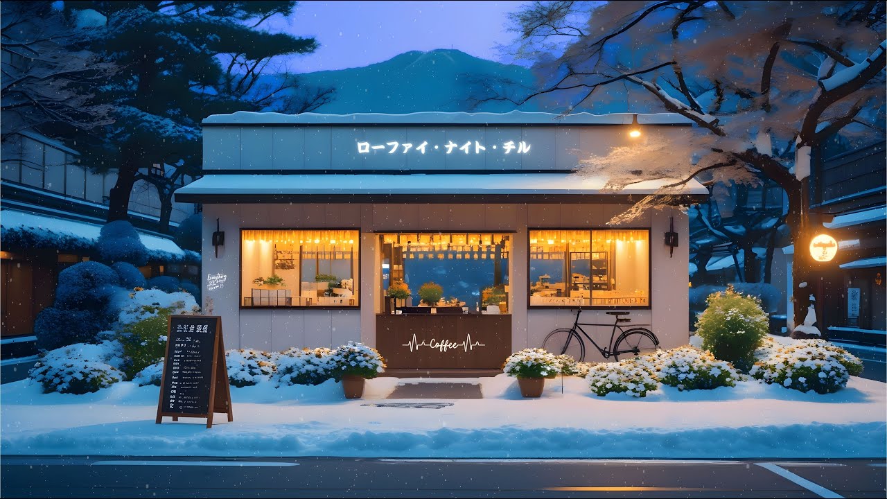 A Quiet Snowy Street Near a Cozy Café ❄️ Warm Lofi Beats to Relax, Unwind & Let the Day Fade Away