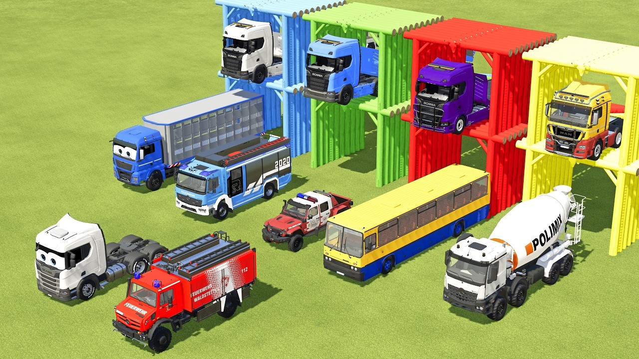 TRANSPORTING IKARUS BUS, FIRE TRUCK, POLICE CARS & AMBULANCE WITH SCANIA TRUCK -  FS22