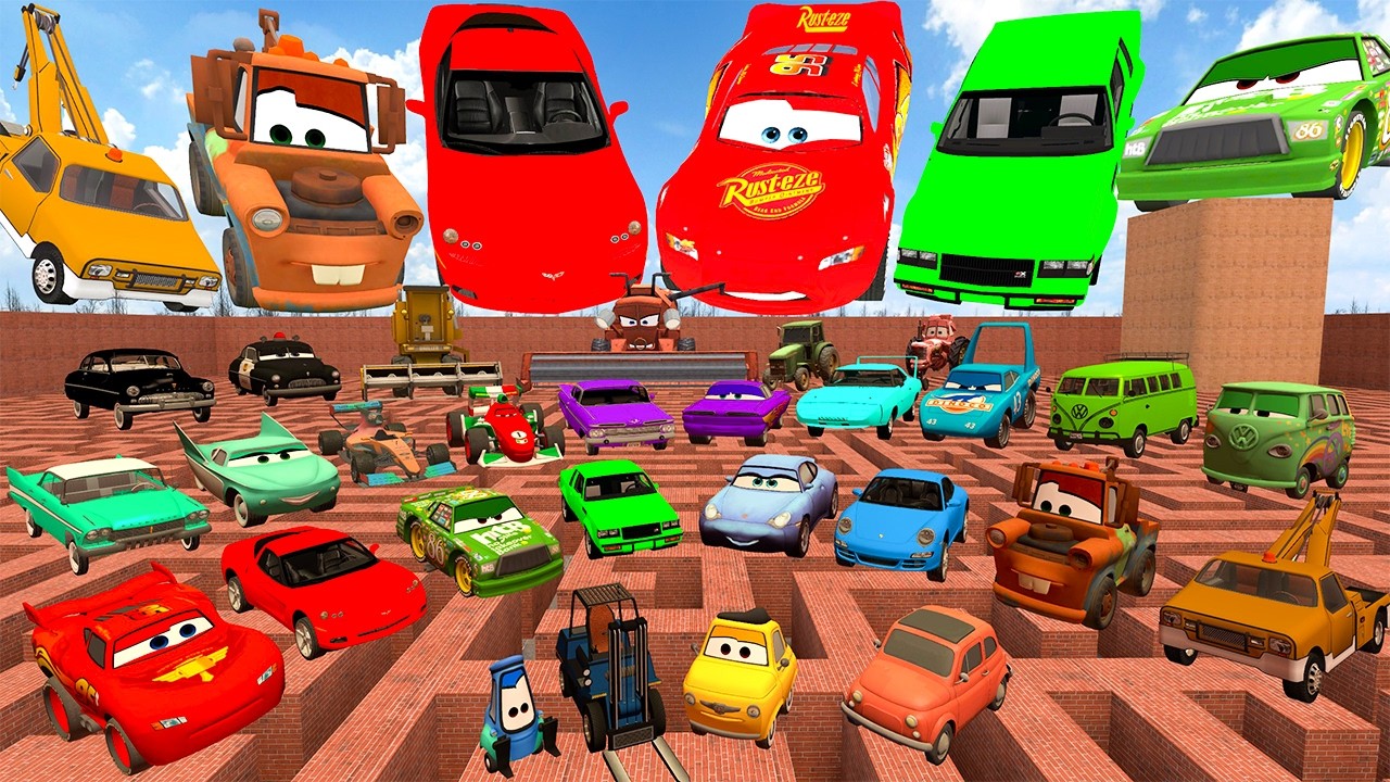 ALL CARS LIGHTNING MCQUEEN AND HIS FRIENDS VS REAL CAR VERSIONS BIG MAZE Garry's Mod