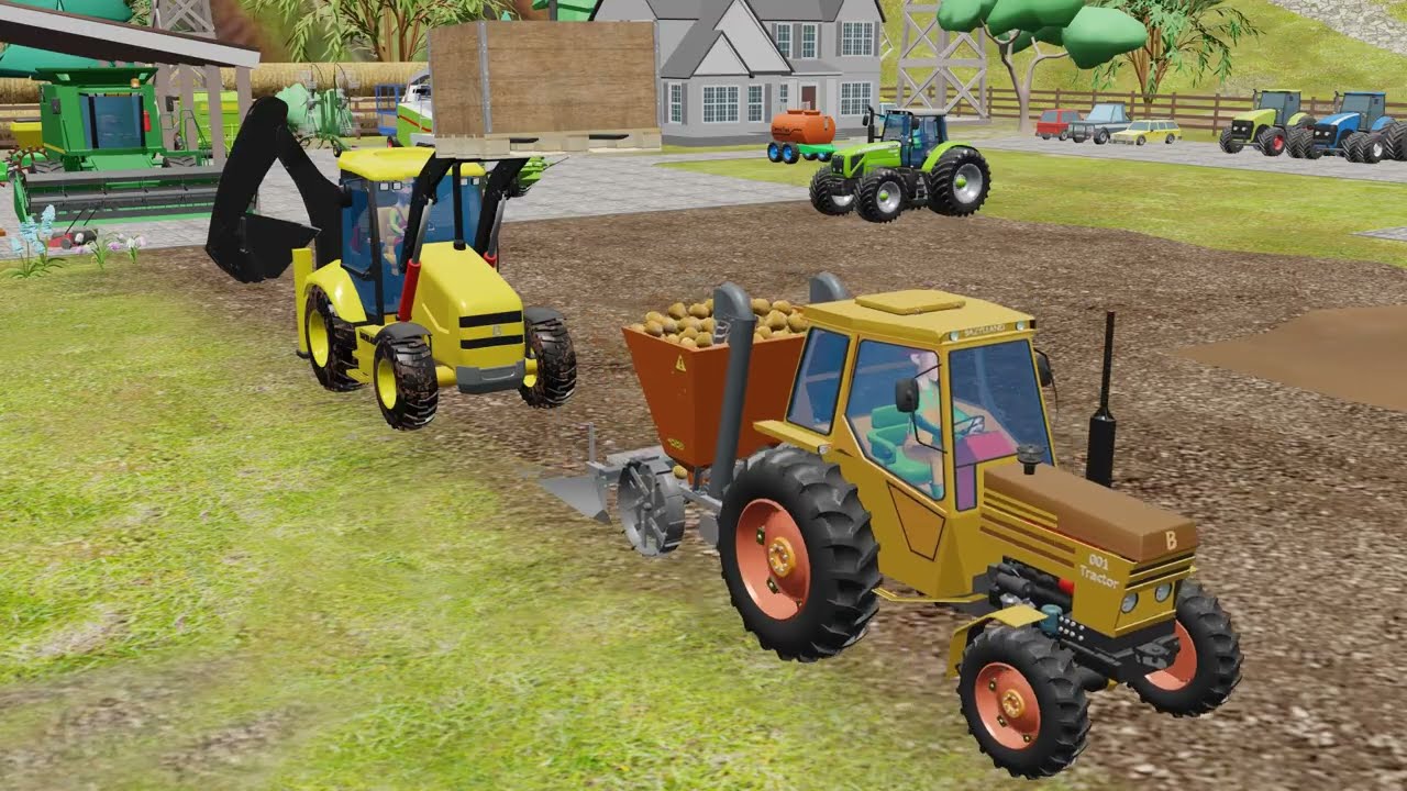 Real Farm Work: Tractor, Potato Planter and Loader Handling a Heavy Crate of Potatoes