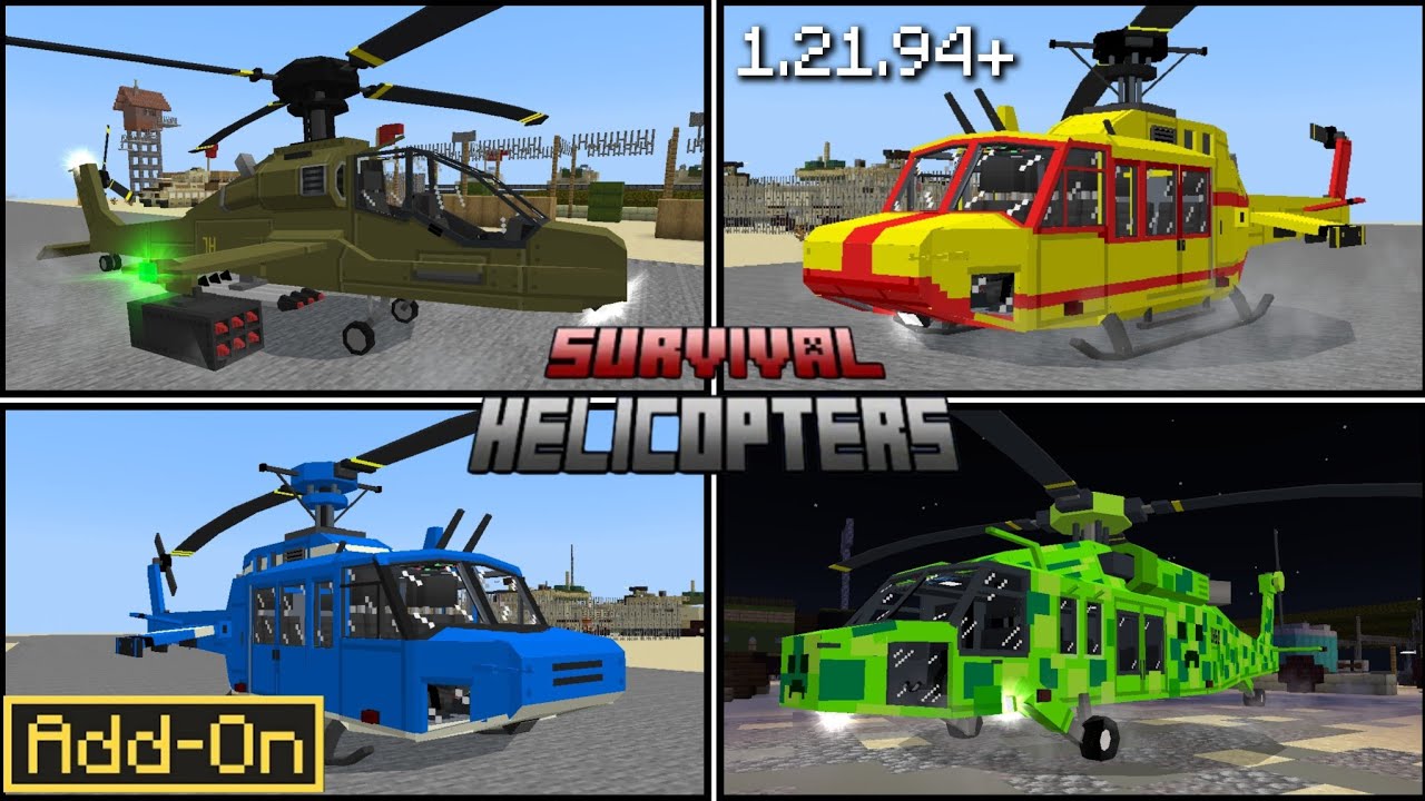 Survival Helicopters V1.7 3D add-on Minecraft  v1.21.100+ MCPE MCBE