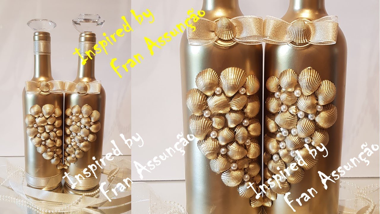 Como Fazer e Decorar Garrafas Douradas  Com Conchinhas do Mar (DYI Home Decor e Casamento)