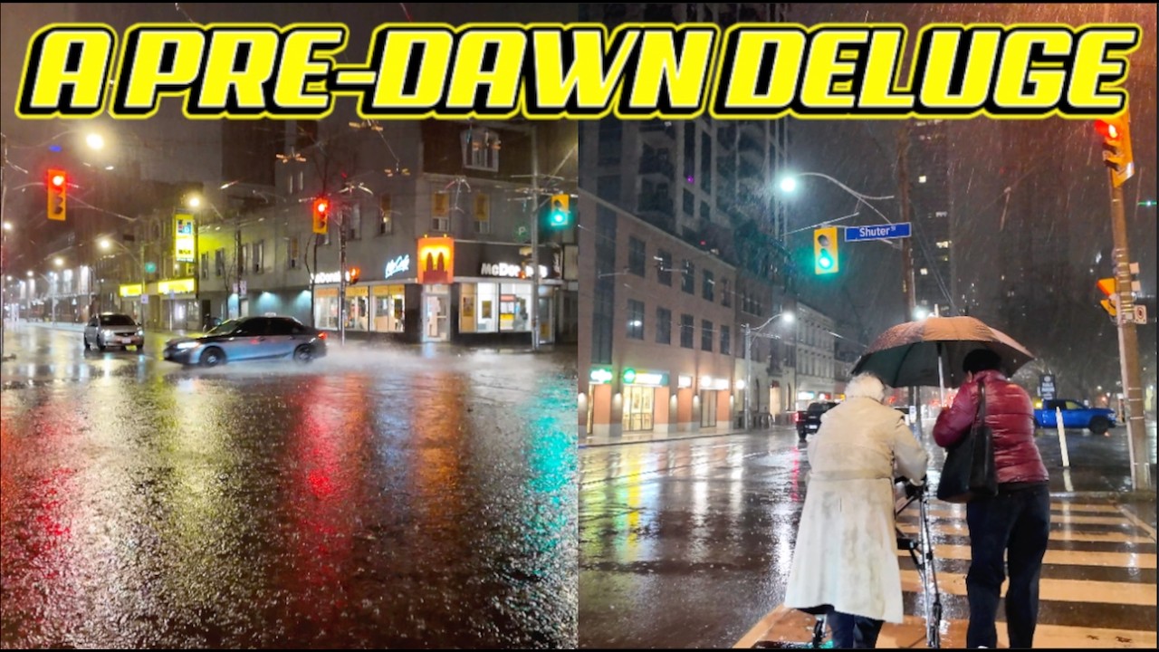 Morning Soaker? A 6:30AM Dark & Stormy Heavy Rain Walk In Downtown Toronto With Thunder & Lightning