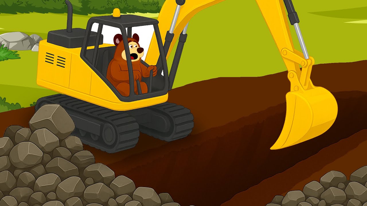 Excavator digging the ground - Clearing rocks blocking the road | Construction Vehicles