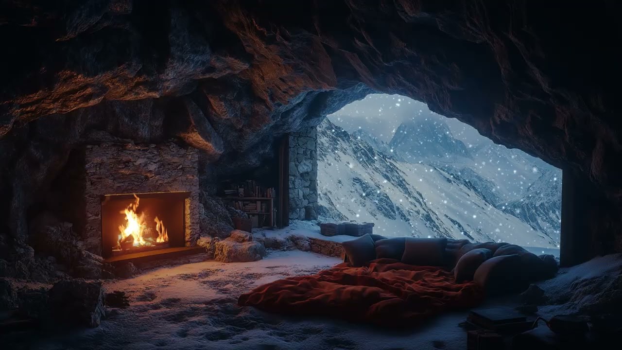 Cozy Winter Cave Ambience | Peaceful Snowfall and Campfire for Sleep Study and Relaxation
