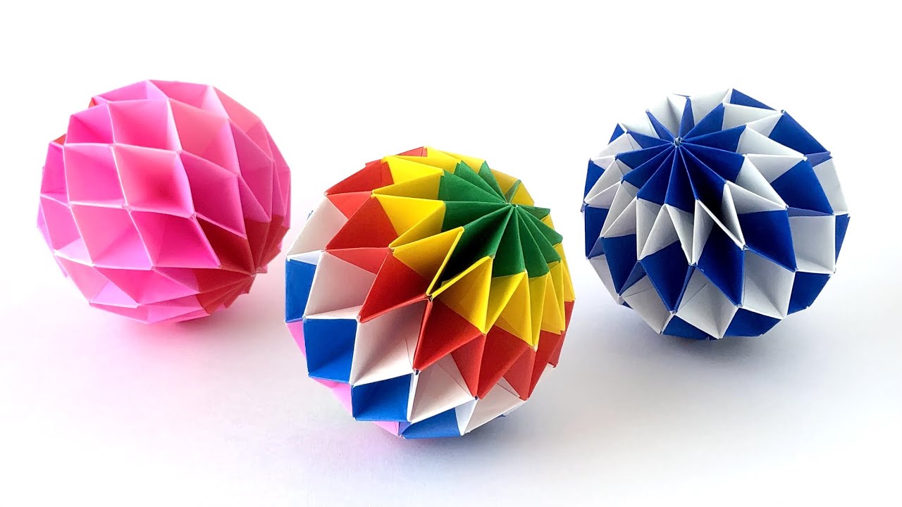 【折り紙・ペーパークラフト】折り紙ボールの作り方その1〈横縞模様〉直径約8.5cm 飾り物 手毬 くす玉 ハニカムボール origami ball