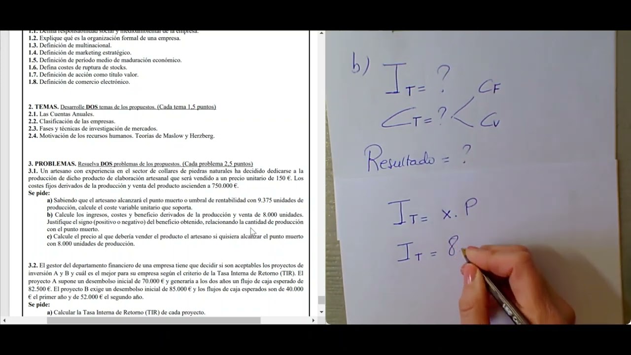 PUNTO MUERTO O UMBRAL DE RENTABILIDAD - EJERCICIO DE EXAMEN EvAU UCLM ECONOMÍA DE LA EMPRESA