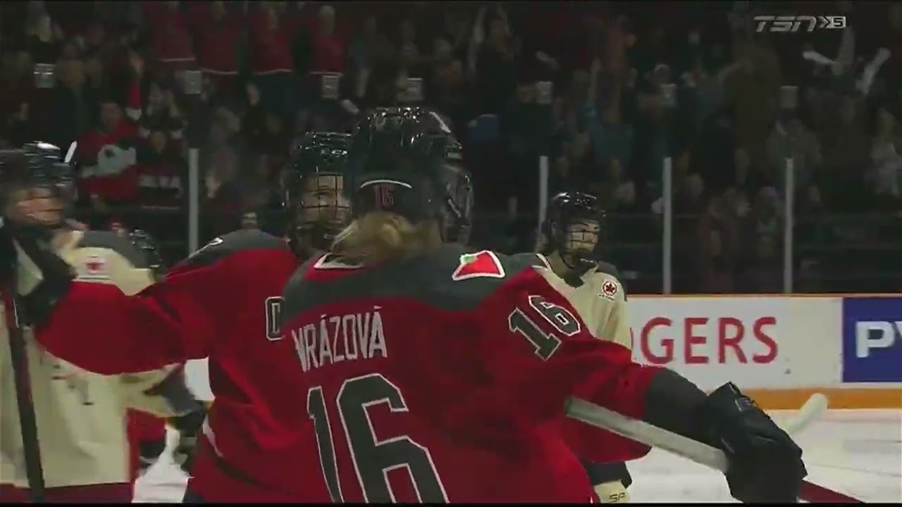 Kateřina Mr&aacute;zov&aacute; scores to make it 2-1 Ottawa in first game ever of the PWHL in Ottawa vs Montreal