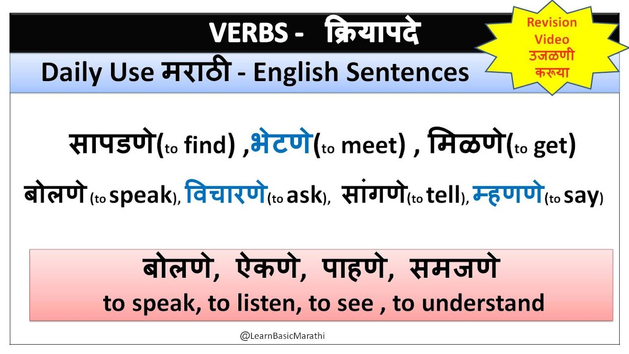 Marathi -English VERBS (क्रियापदे)|Daily Use Marathi Sentences with English Meaning|Grammar|Practice